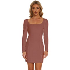 Redwood Red	 - 	long Sleeve Square Neck Bodycon Velvet Dress