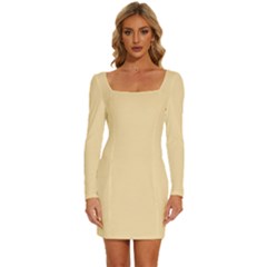 Peach Yellow	 - 	long Sleeve Square Neck Bodycon Velvet Dress