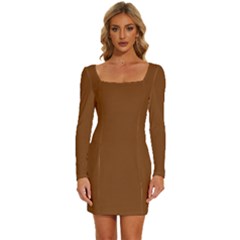 Russet Brown	 - 	long Sleeve Square Neck Bodycon Velvet Dress