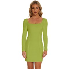 Avocado Green	 - 	long Sleeve Square Neck Bodycon Velvet Dress