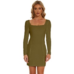 Field Brown	 - 	long Sleeve Square Neck Bodycon Velvet Dress