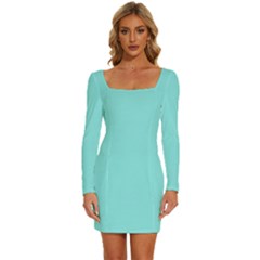 Lagoon Blue	 - 	long Sleeve Square Neck Bodycon Velvet Dress