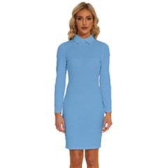 Aero Blue	 - 	long Sleeve Shirt Collar Bodycon Dress