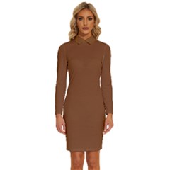 Caramel Cafe Brown	 - 	long Sleeve Shirt Collar Bodycon Dress