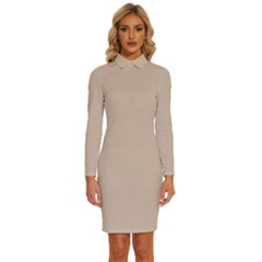 Frosted Almond Brown	 - 	long Sleeve Shirt Collar Bodycon Dress