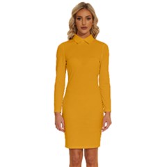 Fire Orange	 - 	long Sleeve Shirt Collar Bodycon Dress