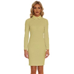 Custard Yellow	 - 	long Sleeve Shirt Collar Bodycon Dress