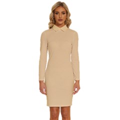 Deep Champagne White	 - 	long Sleeve Shirt Collar Bodycon Dress