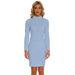 Pastel Blue	 - 	long Sleeve Shirt Collar Bodycon Dress