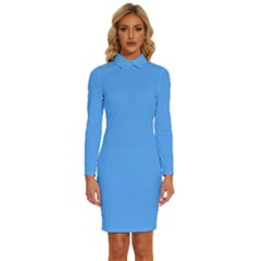 Crystal Blue	 - 	long Sleeve Shirt Collar Bodycon Dress