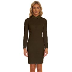 Carob Brown	 - 	long Sleeve Shirt Collar Bodycon Dress