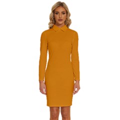 Fulvous Orange	 - 	long Sleeve Shirt Collar Bodycon Dress