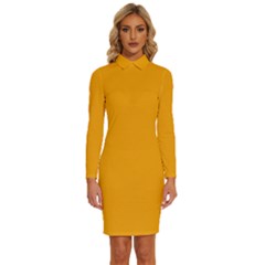 Gold Orange	 - 	long Sleeve Shirt Collar Bodycon Dress