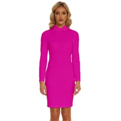 Fashion Fuchsia Pink	 - 	long Sleeve Shirt Collar Bodycon Dress