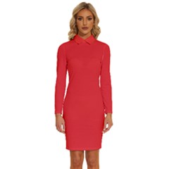 Cherry Tomato Red	 - 	long Sleeve Shirt Collar Bodycon Dress by ColorfulDresses