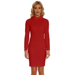 Crimson Red	 - 	long Sleeve Shirt Collar Bodycon Dress