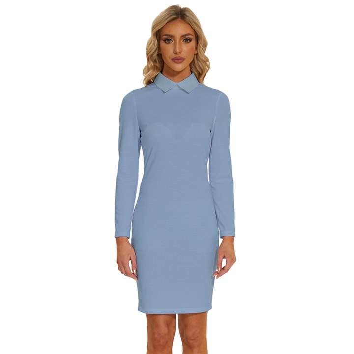 Powder Blue	 - 	Long Sleeve Shirt Collar Bodycon Dress