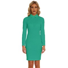 Mint Leaf Green	 - 	long Sleeve Shirt Collar Bodycon Dress