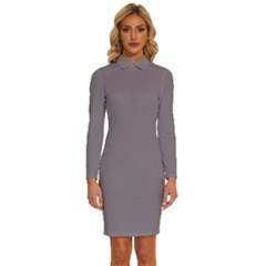 Metallic Rocket Grey	 - 	long Sleeve Shirt Collar Bodycon Dress