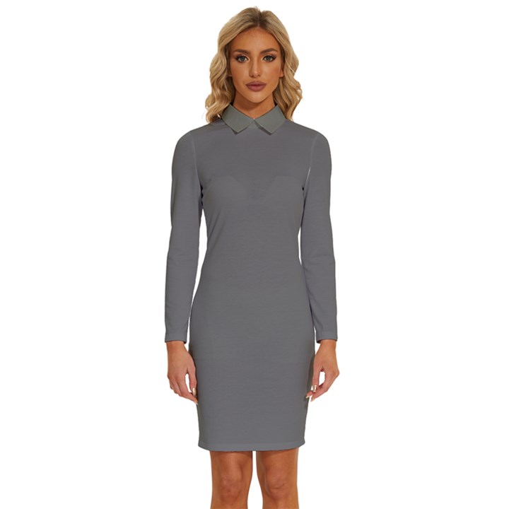 Nickel Grey	 - 	Long Sleeve Shirt Collar Bodycon Dress