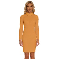 Neon Carrot Orange	 - 	long Sleeve Shirt Collar Bodycon Dress