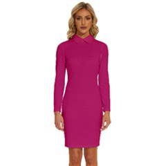 Peacock Pink	 - 	long Sleeve Shirt Collar Bodycon Dress