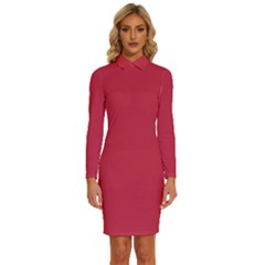 French Raspberry Red	 - 	long Sleeve Shirt Collar Bodycon Dress