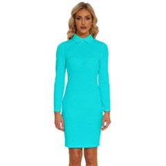 Spanish Sky Blue	 - 	long Sleeve Shirt Collar Bodycon Dress