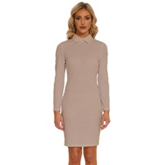 Toasted Almond Brown	 - 	long Sleeve Shirt Collar Bodycon Dress