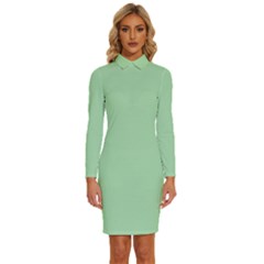 Soft Celadon Green	 - 	long Sleeve Shirt Collar Bodycon Dress