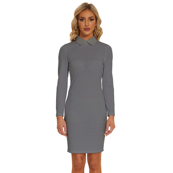 Sonic Silver Grey	 - 	Long Sleeve Shirt Collar Bodycon Dress