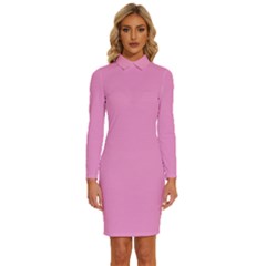 Soft Pink	 - 	long Sleeve Shirt Collar Bodycon Dress