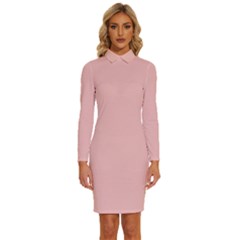 Spanish Pink	 - 	long Sleeve Shirt Collar Bodycon Dress