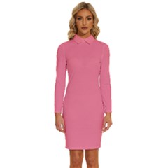 Watermelon Pink	 - 	long Sleeve Shirt Collar Bodycon Dress