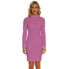 Wild Orchid Pink	 - 	long Sleeve Shirt Collar Bodycon Dress