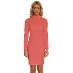 Sun Kissed Coral	 - 	long Sleeve Shirt Collar Bodycon Dress