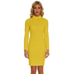 Vibrant Yellow	 - 	long Sleeve Shirt Collar Bodycon Dress