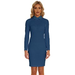 Aegean Blue	 - 	long Sleeve Shirt Collar Bodycon Dress