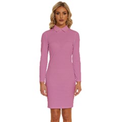 Cadi Pink	 - 	long Sleeve Shirt Collar Bodycon Dress