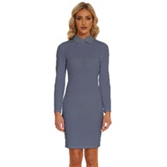 Mist Blue	 - 	long Sleeve Shirt Collar Bodycon Dress