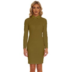 Oak Brown	 - 	long Sleeve Shirt Collar Bodycon Dress