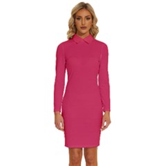 Cerise Pink	 - 	long Sleeve Shirt Collar Bodycon Dress