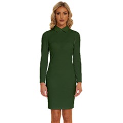 Dark Forest Green	 - 	long Sleeve Shirt Collar Bodycon Dress