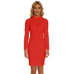 Fire Engine Red	 - 	long Sleeve Shirt Collar Bodycon Dress