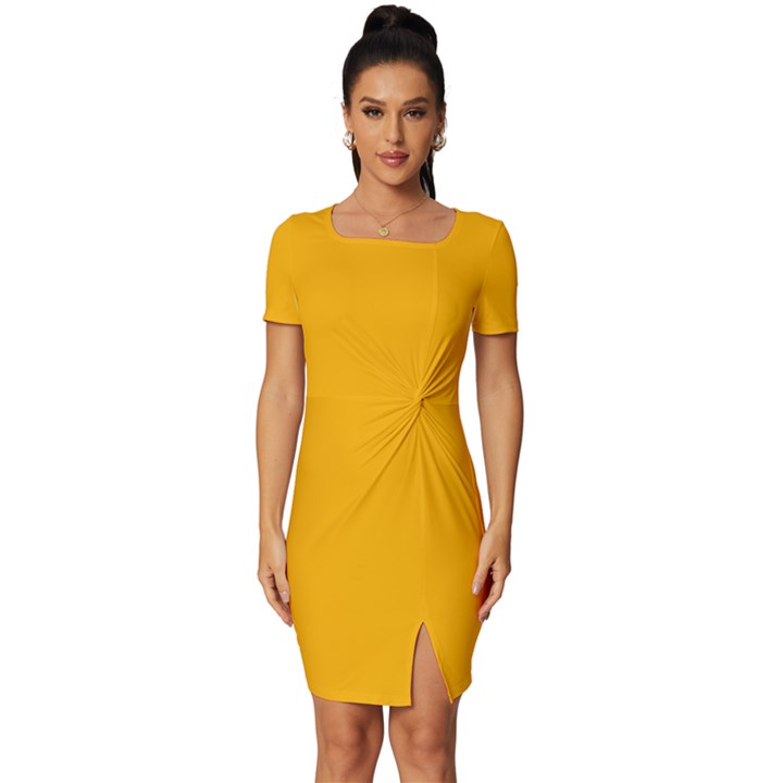 China Yellow	 - 	Fitted Knot Split End Bodycon Dress