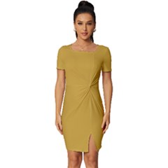 Satin Sheen Gold	 - 	fitted Knot Split End Bodycon Dress