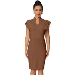 Caramel Cafe Brown	 - 	vintage Frill Sleeve V-neck Bodycon Dress