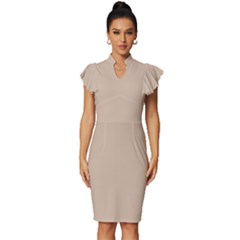 Frosted Almond Brown	 - 	vintage Frill Sleeve V-neck Bodycon Dress