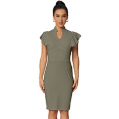 Army Brown	 - 	vintage Frill Sleeve V-neck Bodycon Dress by ColorfulDresses