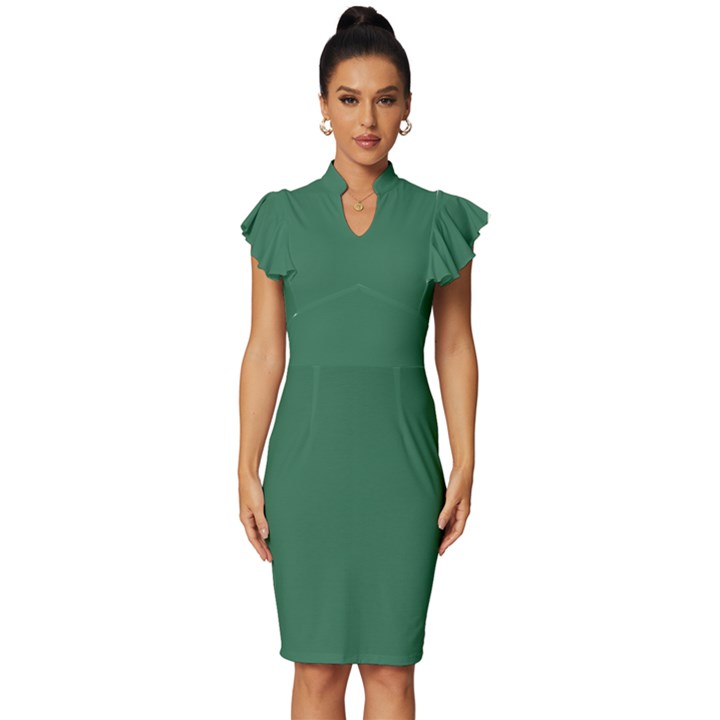 Amazon Green	 - 	Vintage Frill Sleeve V-Neck Bodycon Dress